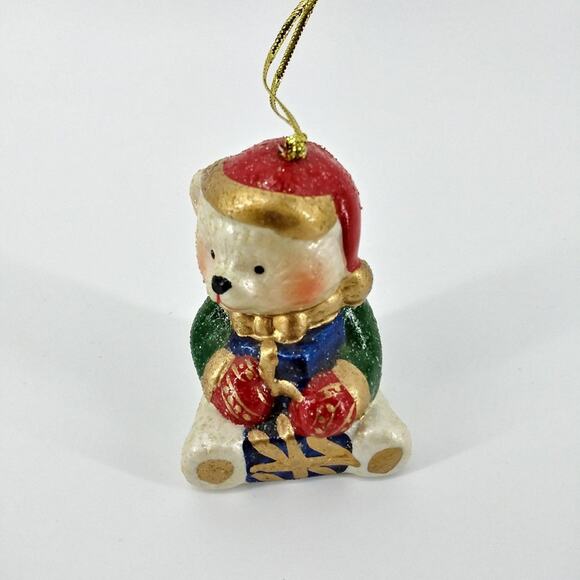 Vintage Teddy Bear Christmas Ornament Ceramic Holding Present Gift Red Hat - Picture 1 of 1